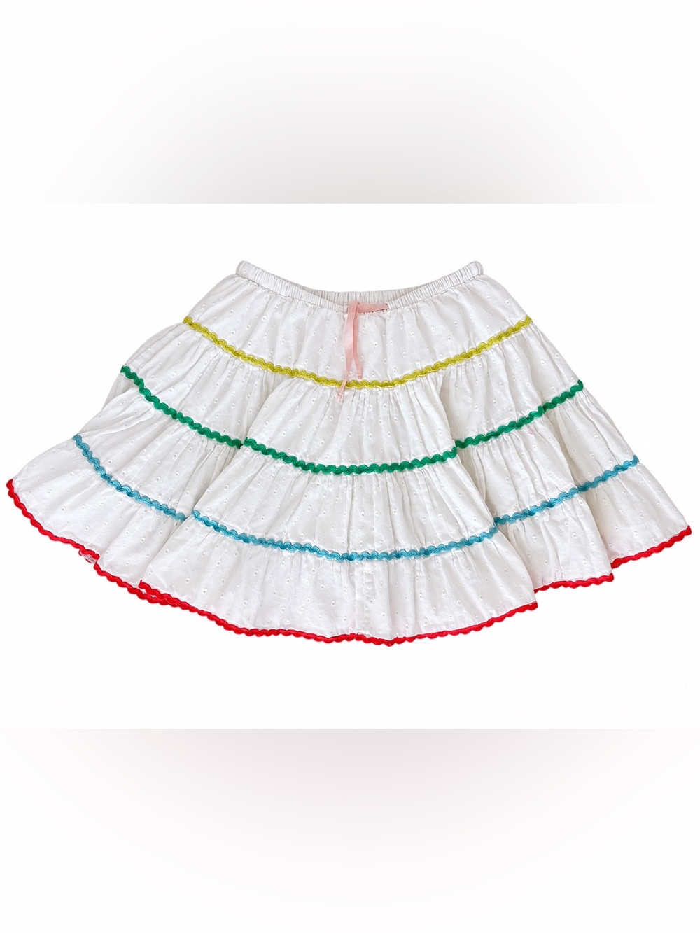 Mini Boden Girls White Eyelet Tiered Skirt with Rainbow Ric-Rac Trim 3-4Y